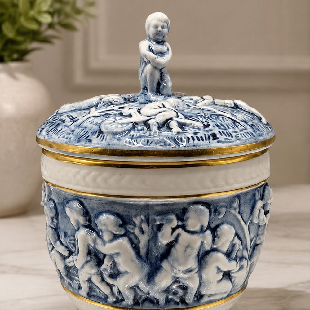 Vintage R Capodimonte Italy Blue White Porcelain Cherub Putti Covered Jar Gilt